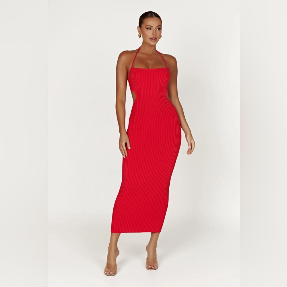 Meshki Red Ribbed Halter Midi Dress
